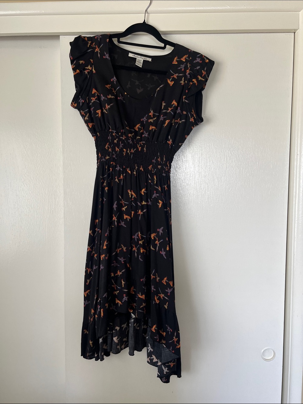 American Rag Black High-Low Dress with Orange & Purple Bird Print